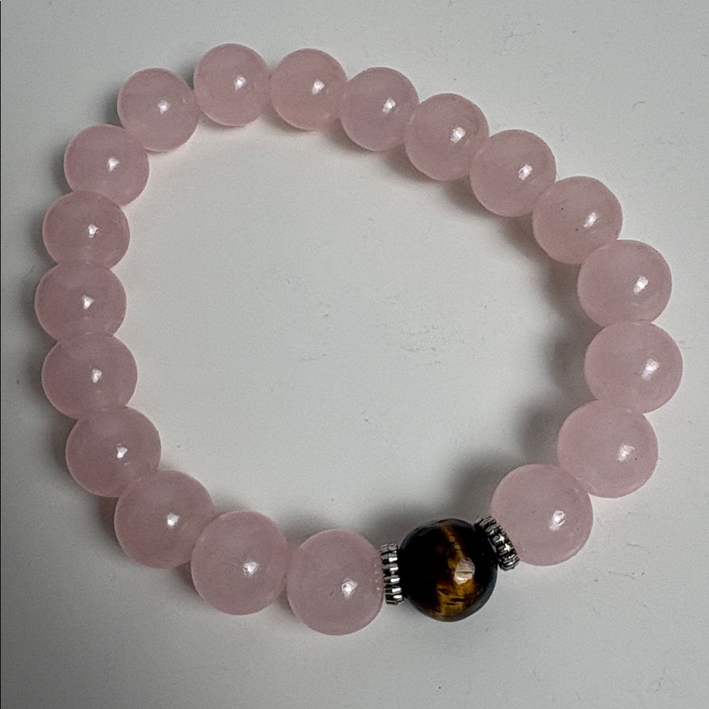 Tigers Eye 10mm Pink Rose Glass Stretch Bracelet Handmade